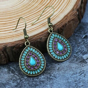 1 LEFT! Boho Turquoise and Purple Drop Hoop Earrings